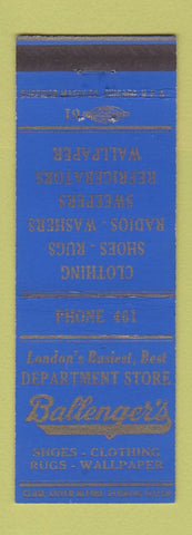 Matchbook Cover - Ballenger's Department Store London OH low phone #