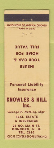 Matchbook Cover - Knowles and Hill Insurance Real Estate Concord NH low phone #