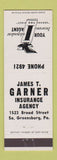 Matchbook Cover - James Garner Insurance South Greensburg PA low phone #