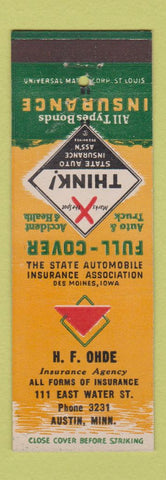 Matchbook Cover - HF Ohde Insurance Austin MN low phone #