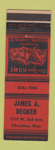 Matchbook Cover - James Decker Building Contractor Cheyenne WY RED