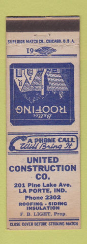 Matchbook Cover - United Construction La Porte IN low phone #