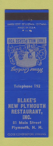 Matchbook Cover - Blake's New Plymouth Restaurant Plymouth NH low phone #