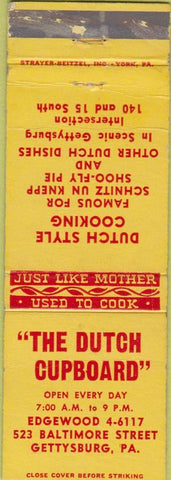 Matchbook Cover - Dutch Cupboard Gettysburg PA CREASES
