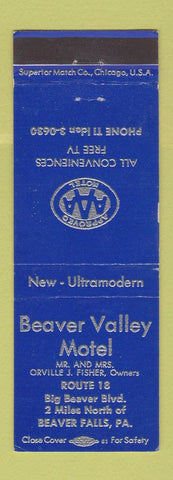 Matchbook Cover - Beaver Valley Motel Beaver Falls PA BLUE
