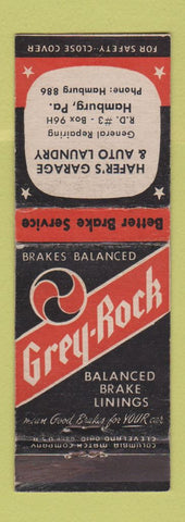 Matchbook Cover - Grey Rock Brake Linings Hafer's Garage Hamburg PA