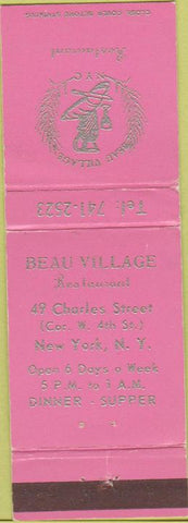 Matchbook Cover - Beau Village Restaurant New York City