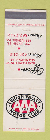 Matchbook Cover - Lehigh Valley AAA Motor Club Bethlehem Allentown PA