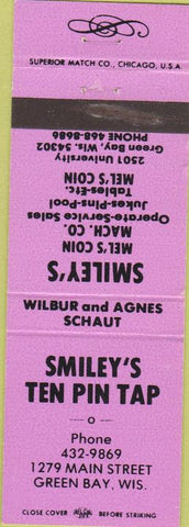 Matchbook Cover - Smiley's Ten Pin Tap Green Bay WI billiards