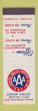 Matchbook Cover - Lehigh Valley AAA Motor Club Bethlehem Allentown PA