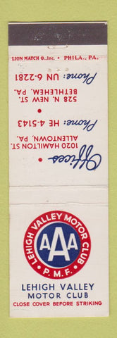 Matchbook Cover - Lehigh Valley AAA Motor Club Bethlehem Allentown PA