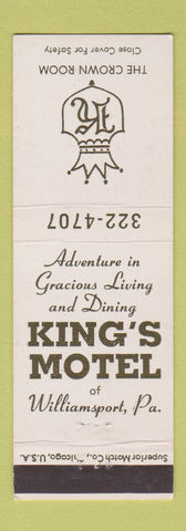 Matchbook Cover - King's Motel Williamsport PA Crown Room