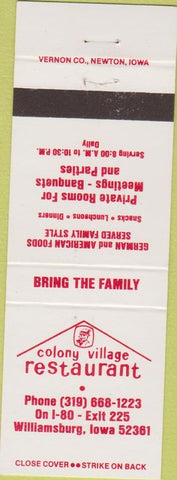 Matchbook Cover - Colony Village Restaurant Williamsburg IA