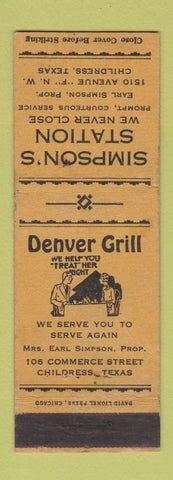 Matchbook Cover - Denver Grill Simpson's oil gas Childress TX