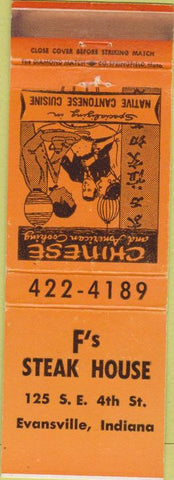 Matchbook Cover - F's Steak House Evansville IN Chinese food