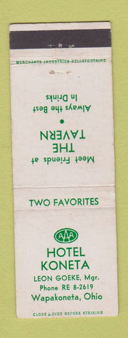 Matchbook Cover - Hotel Koneta Wapakoneta OH