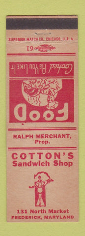 Matchbook Cover - Cotton's Sandwish Shop Frederick MD girlie