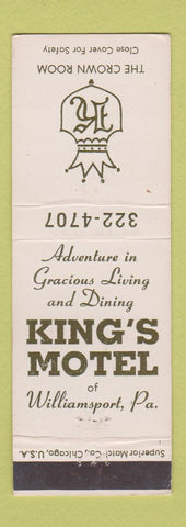 Matchbook Cover - King's Motel Williamsport PA Crown Room