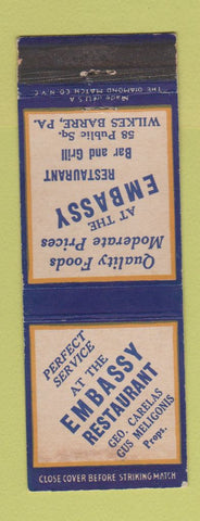 Matchbook Cover - Embassy Restaurant Wilkes Barre PA WEAR