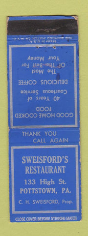Matchbook Cover - Sweisford's Restaurant Pottstown PA WEAR