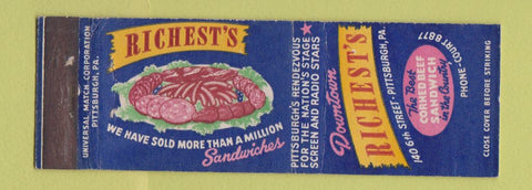 Matchbook Cover - Richest's Restaurant Pittsburgh PA Corned Beef