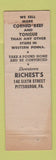 Matchbook Cover - Richest's Restaurant Pittsburgh PA Corned Beef