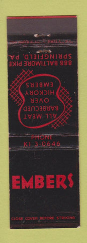 Matchbook Cover - Embers Restaurant BBQ Springfield PA