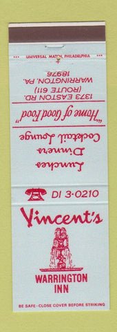 Matchbook Cover - Vincent's Restaurant Warrington Inn PA