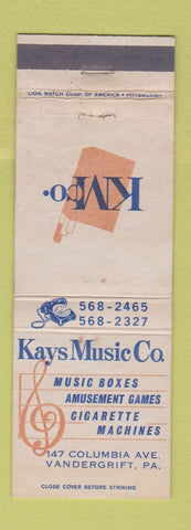 Matchbook Cover - Kays Music Vending Amusement Vandergrift PA