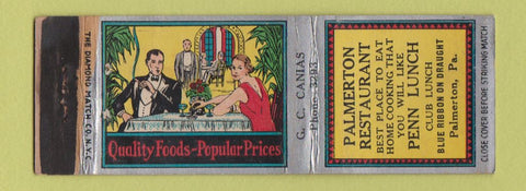 Matchbook Cover - Palmerton Restaurant Penn Lunch Palmerton PA WEAR