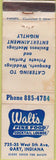 Matchbook Cover - Walt's Fine Food Gary IN WORN