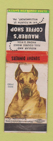 Matchbook Cover - Maurer's Coffee Shop Williamsport PA Great Dane WEAR