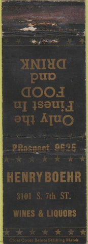 Matchbook Cover - Henry Boehr Wines Liquor NO TOWN WORN
