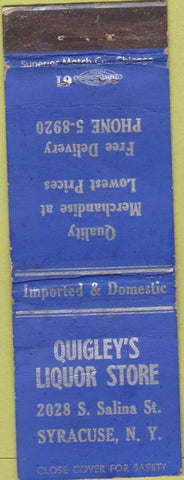 Matchbook Cover - Quigley's Liquor Store Syracuse NY WORN