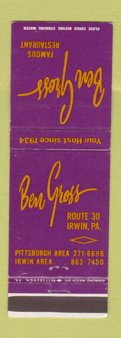 Matchbook Cover - Ben Gross Restaurant Irwin PA