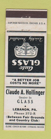 Matchbook Cover - Claude Hollinger Glass Lebanon PA WHITE