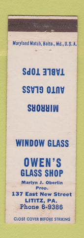 Matchbook Cover - Owen's Glass Shop Lititz PA WEAR