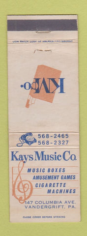 Matchbook Cover - Kays Music Vending Amusement Vandergrift PA