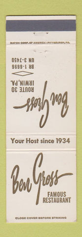 Matchbook Cover - Ben Gross Restaurant Irwin PA