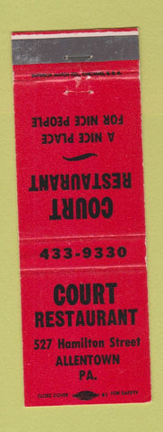 Matchbook Cover - Court Restaurant Allentown PA