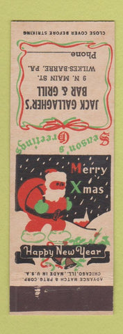 Matchbook Cover - Jack Gallagher's Bar Grill Wilkes Barre PA Christmas ADVANCE