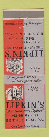 Matchbook Cover - Lipkin's Furniture Stores Bethlehem PA Easton