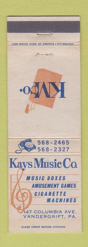 Matchbook Cover - Kays Music Vending Amusement Vandergrift PA