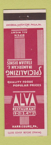 Matchbook Cover - Alva Restaurant Harrisburg PA