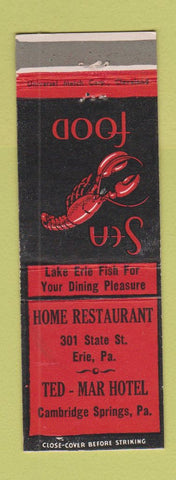 Matchbook Cover - Home Restaurant Ted Mar Hotel Erie Cambridge Springs PA