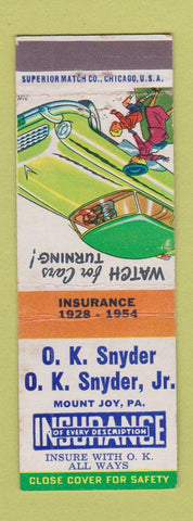 Matchbook Cover - OK Snyder Insurance Mount Joy PA