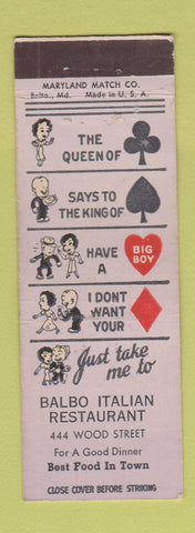 Matchbook Cover - Balbo Italian Restaurant Pittsburgh PA
