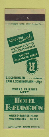 Matchbook Cover - Hotel Redington Wilkes Barre PA