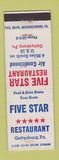 Matchbook Cover - Five Star Restaurant Gettysburg PA