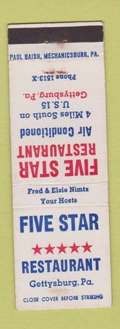 Matchbook Cover - Five Star Restaurant Gettysburg PA